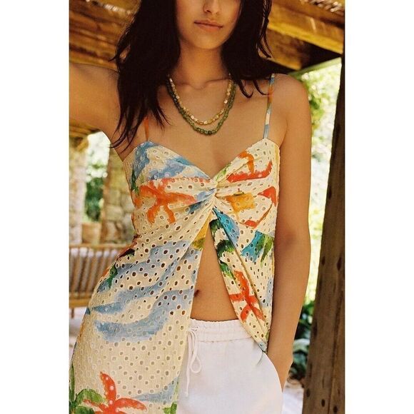 Anthropologie Farm Rio Copacabana Eyelet Dress Cover Up Tropical Midi XS NEW - Picture 2 of 16